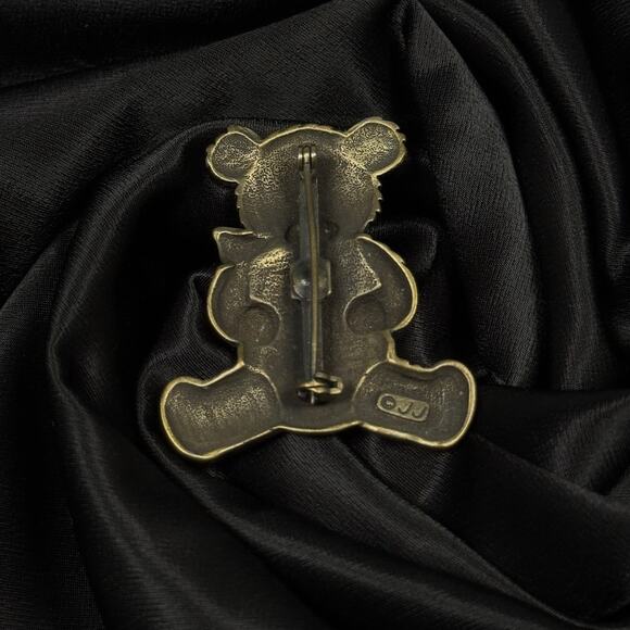 Vintage JJ Teddy Bear Brooch Gold & Silver Tone Heart Pin Signed - Picture 2 of 4